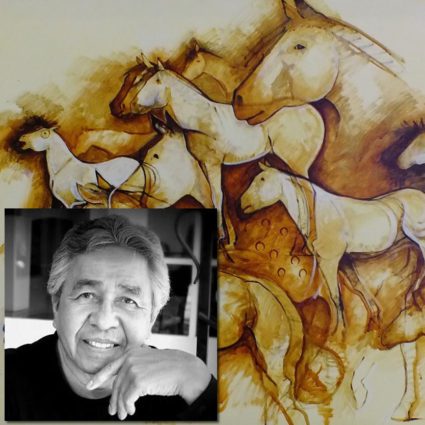 Black-and-white photo, abstract horses in color