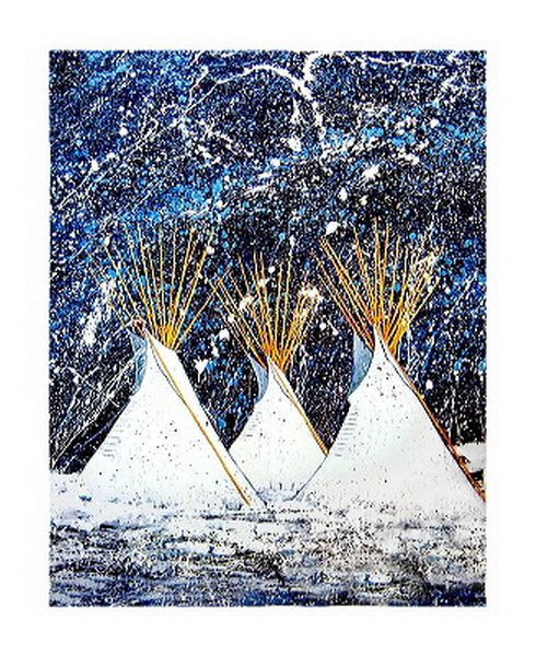 Three teepees under a starry sky