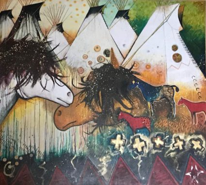 Colorful horses in abstract landscape