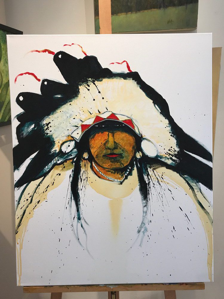 A small white dog in a stroller outside a clothing store.