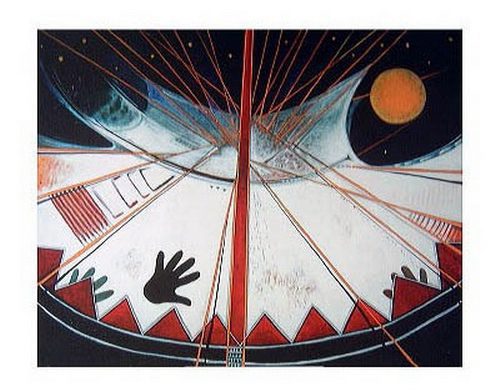 Abstract geometric painting with celestial elements