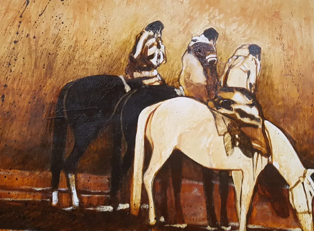 Three riders on horseback in painting