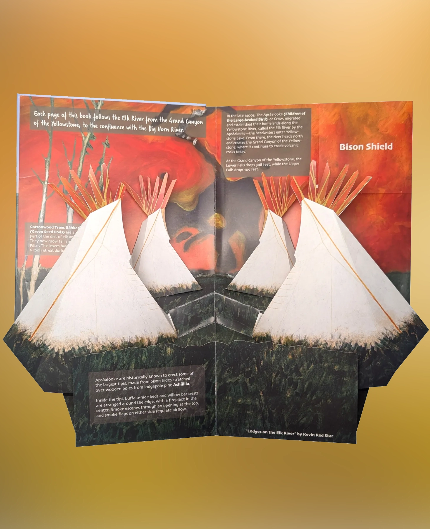 Pop-up book showing a Native American scene with tipis and a fire.
