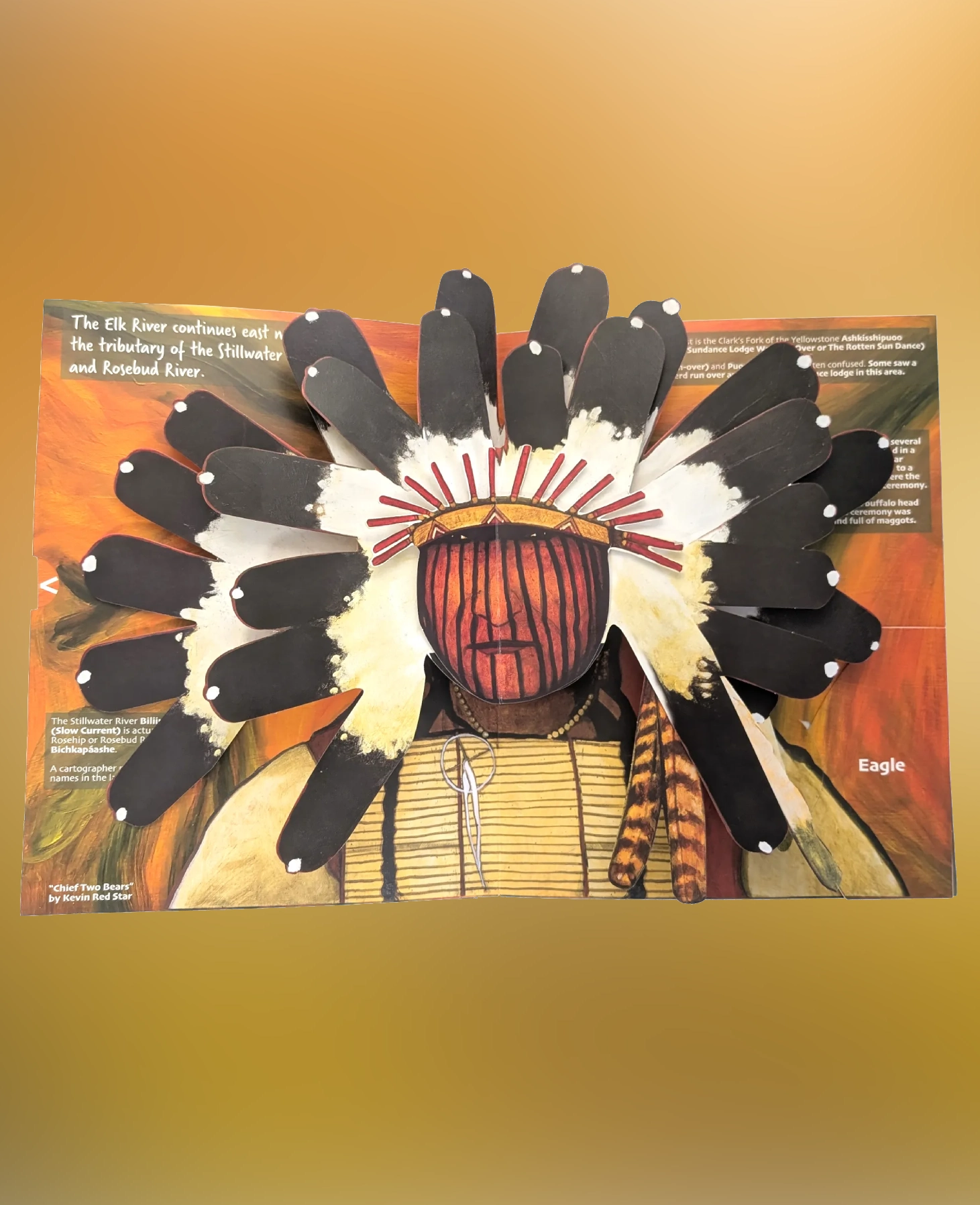 Artistic depiction of a Native American headdress with feathers and beadwork.