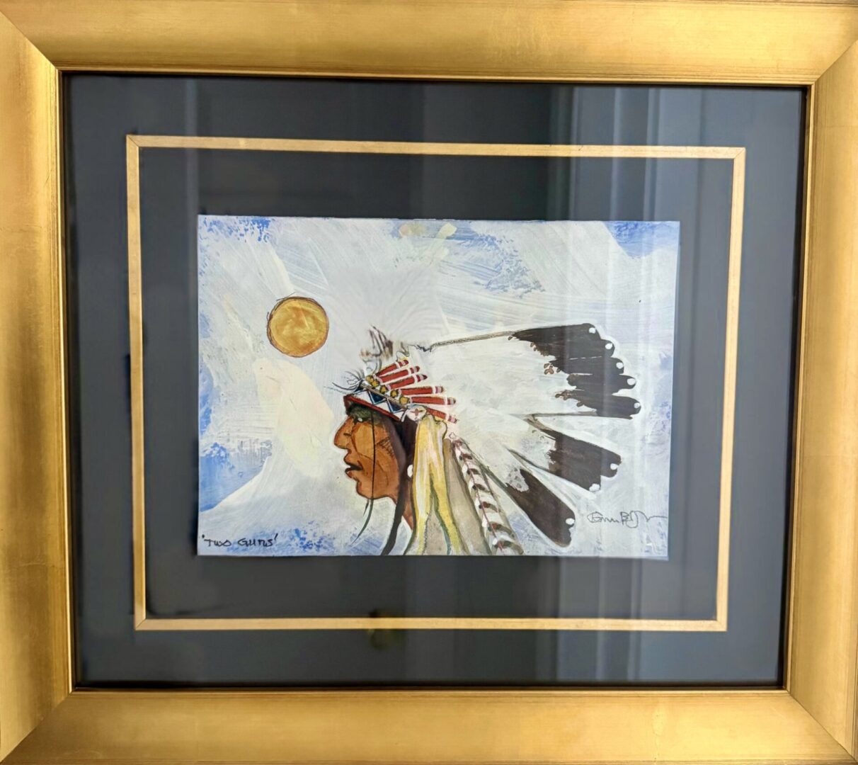 Painting of a Native American chief with a headdress and sun.
