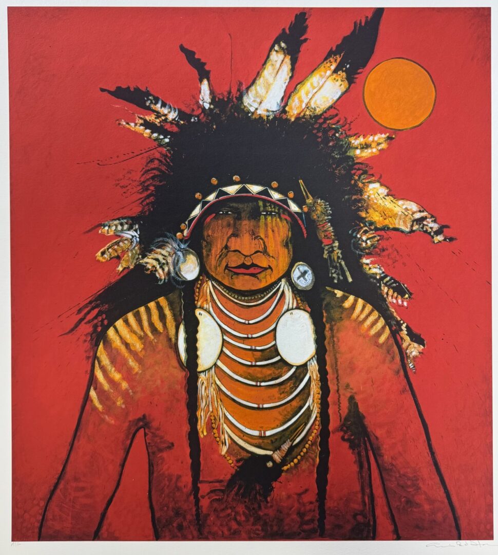 Painting of a Native American figure with a feathered headdress against a red background.