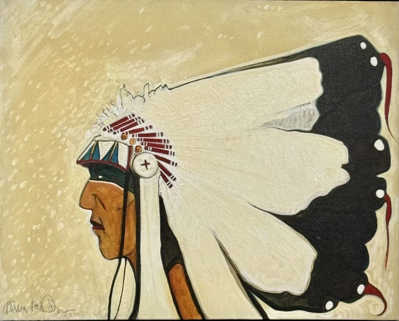 Painting of a Native American chief in a traditional feather headdress.