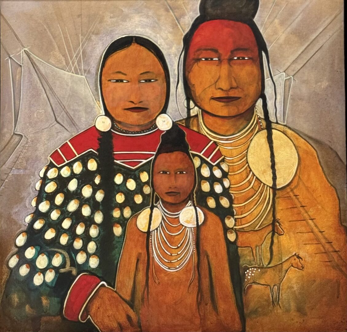 Painting of a Native American family dressed in traditional attire with symbolic animals.