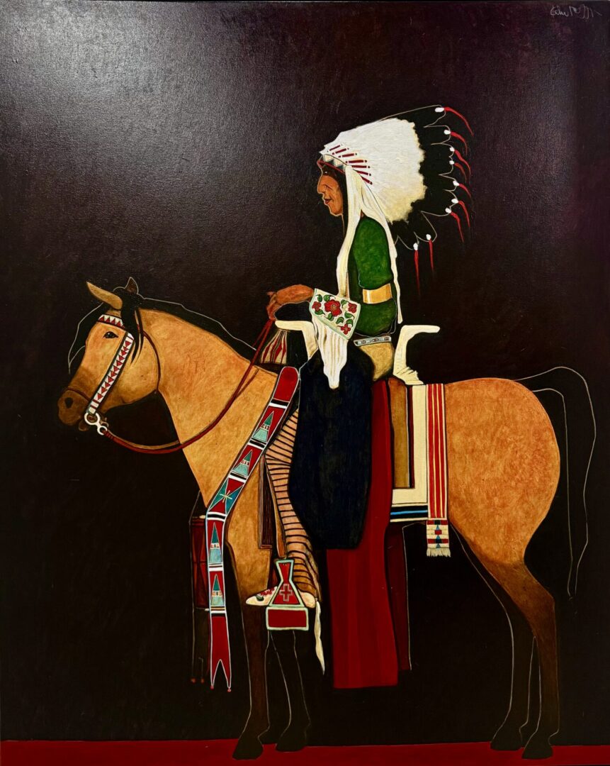 Native American chief in traditional attire riding a horse against a dark background.