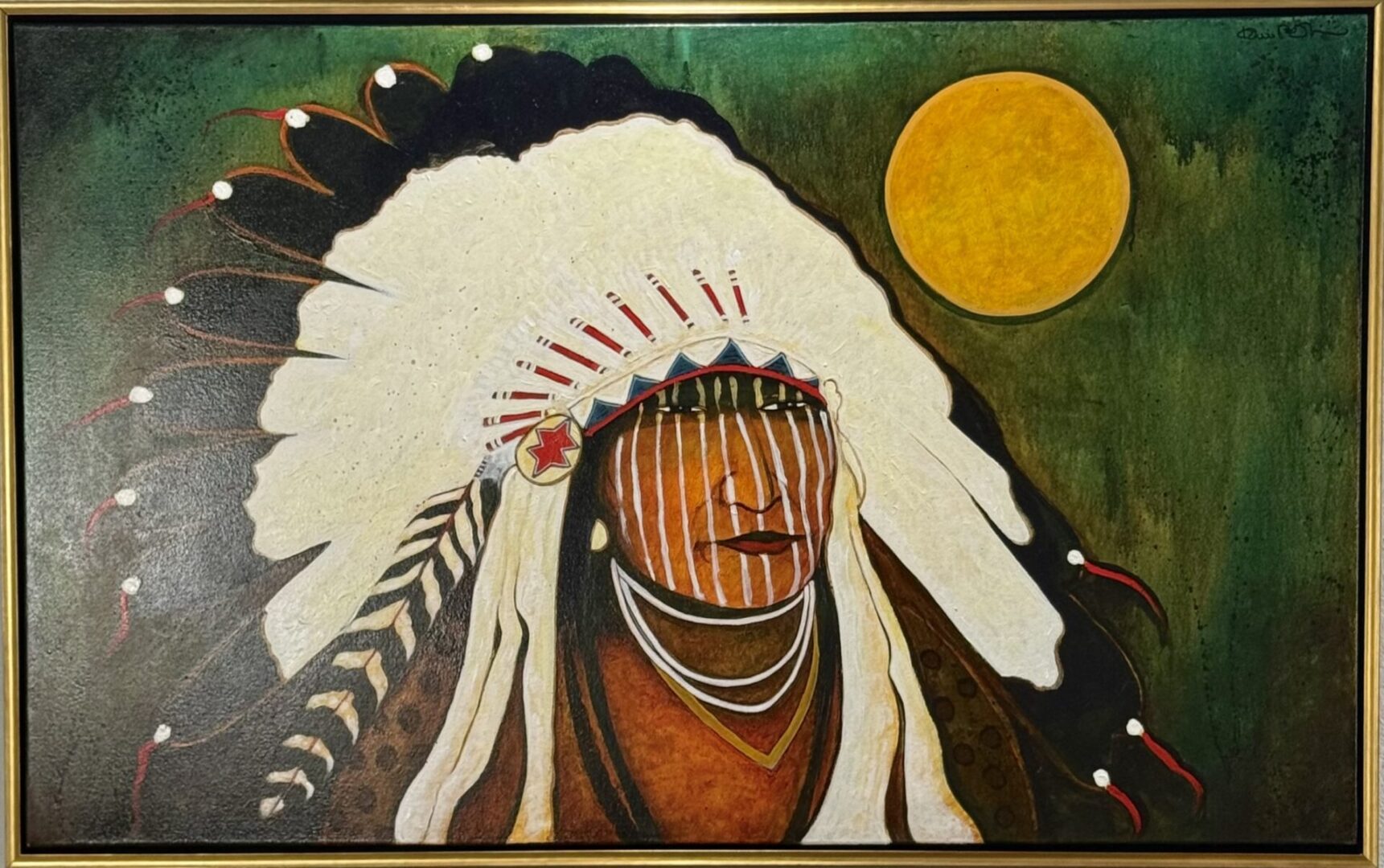 Painting of a Native American chief with a feathered headdress and face paint under a yellow sun.