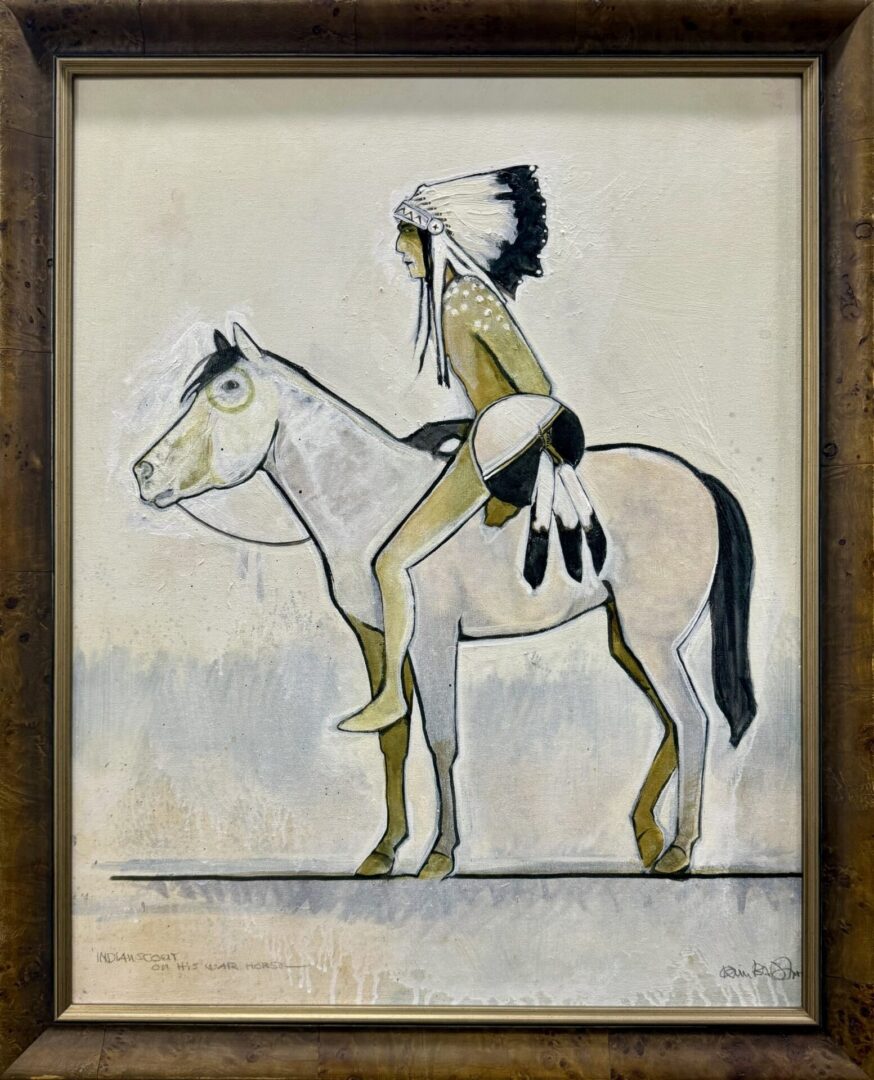 Painting of a Native American warrior on a horse, wearing a feathered headdress.