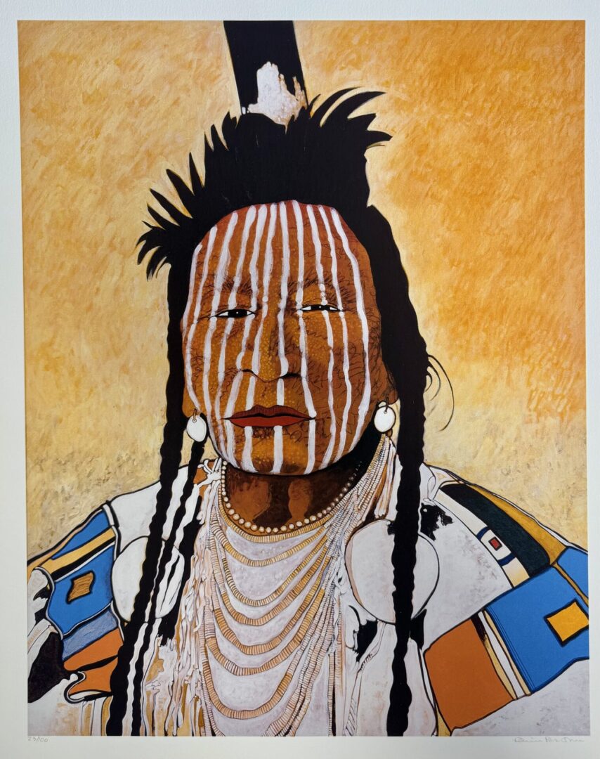 Portrait of a Native American with traditional face paint and jewelry.