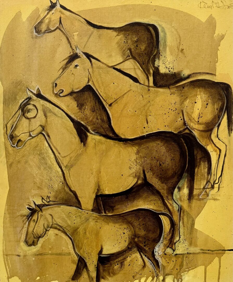 Abstract painting of four horses in earthy tones on a textured background.