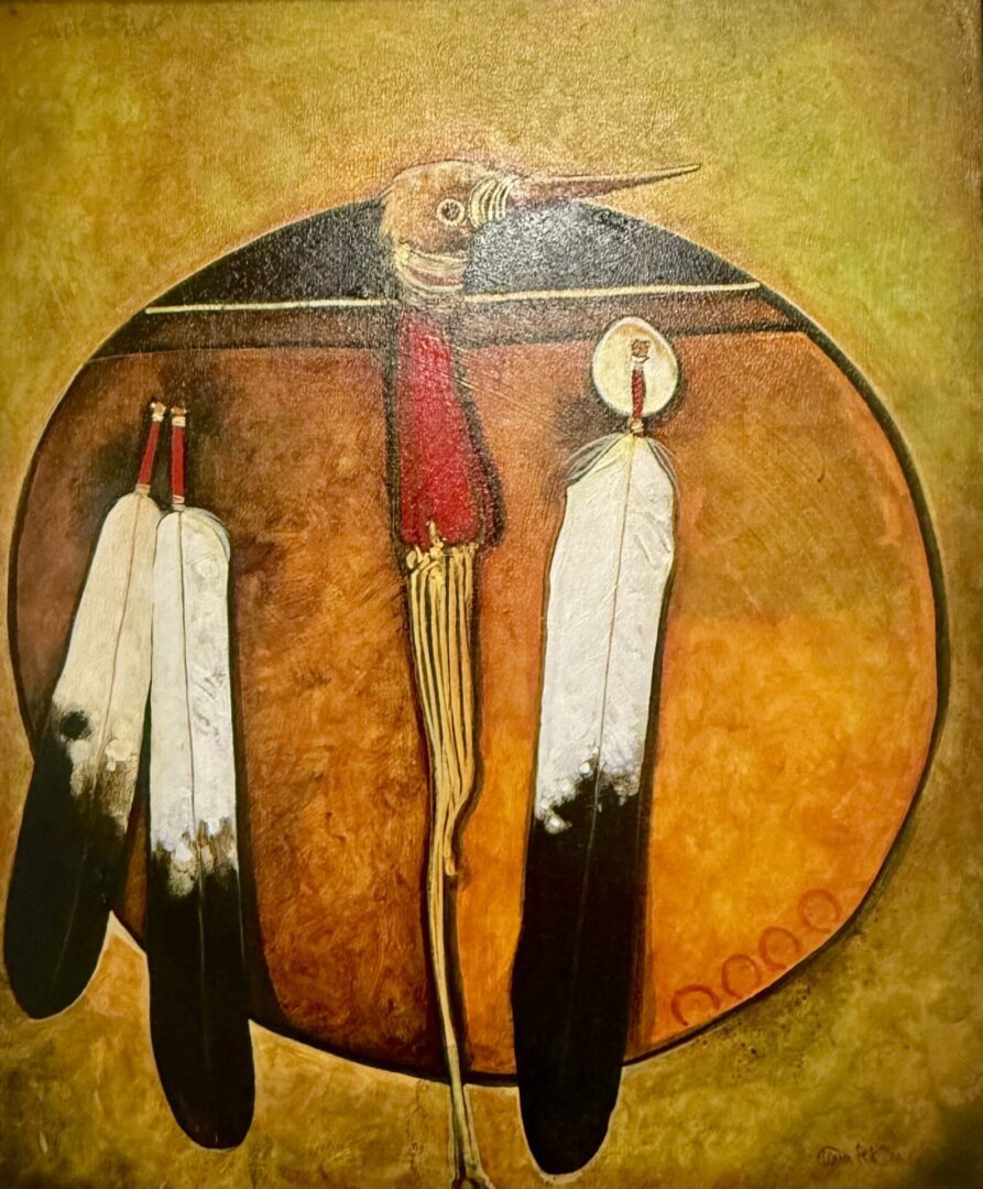 Abstract bird painting with feathers against a textured golden background.