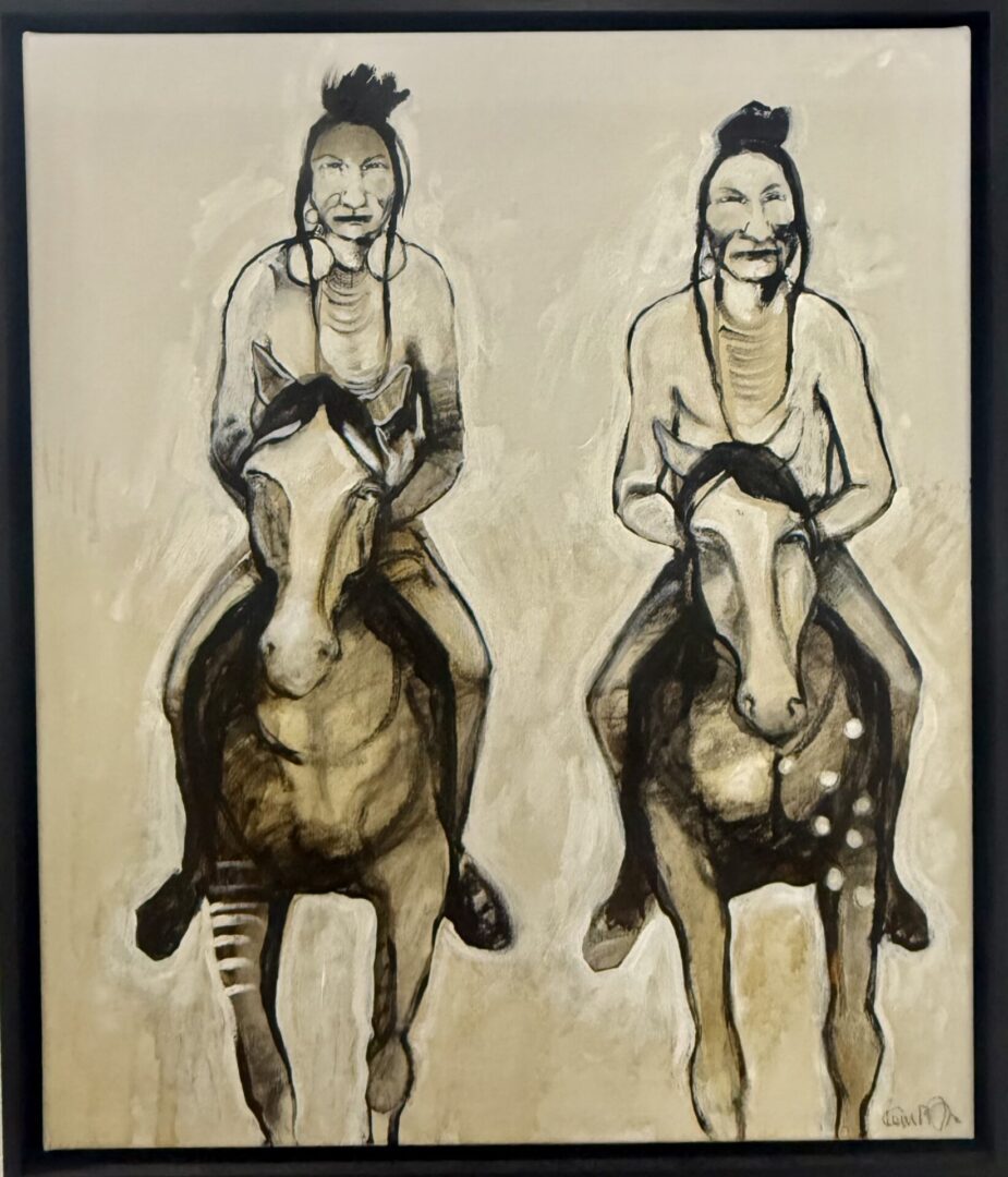 Monochrome painting of two Native American men on horseback.