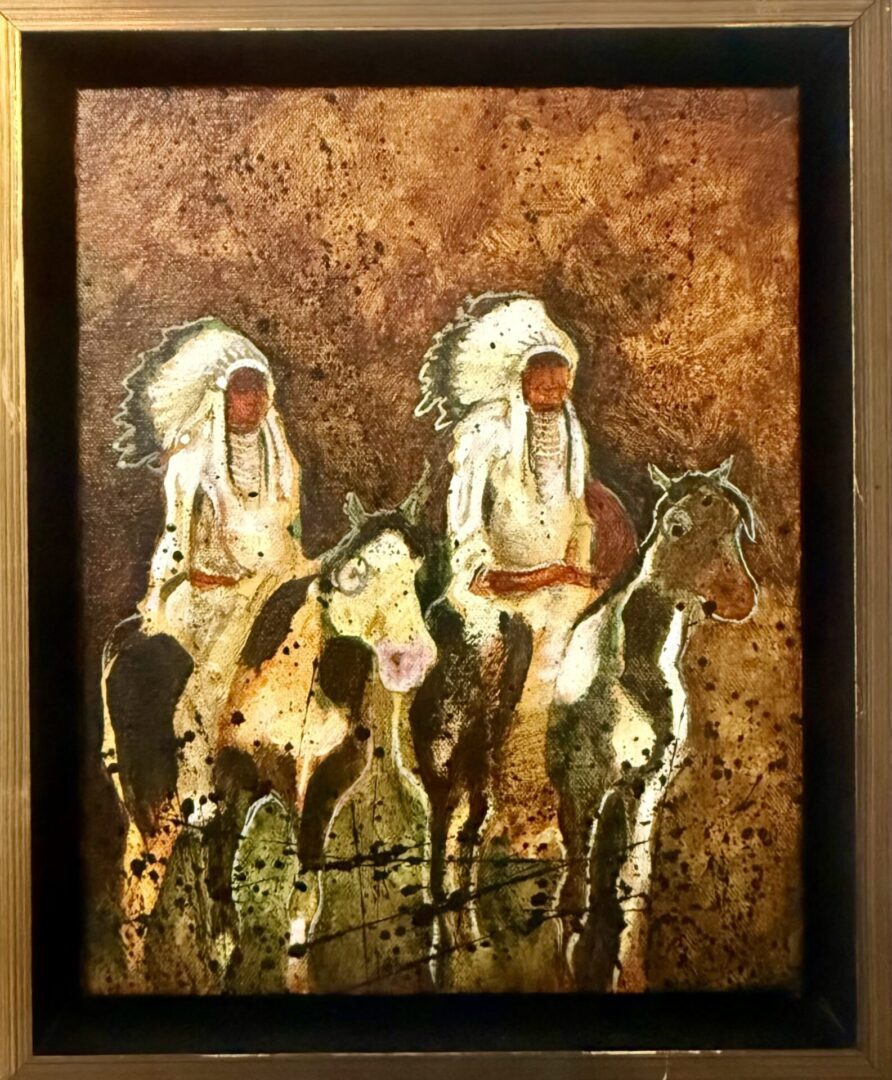 Painting of two Native Americans on horses with a textured brown background.
