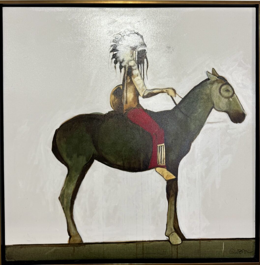 Painting of a Native American figure riding a horse with a minimalist background.