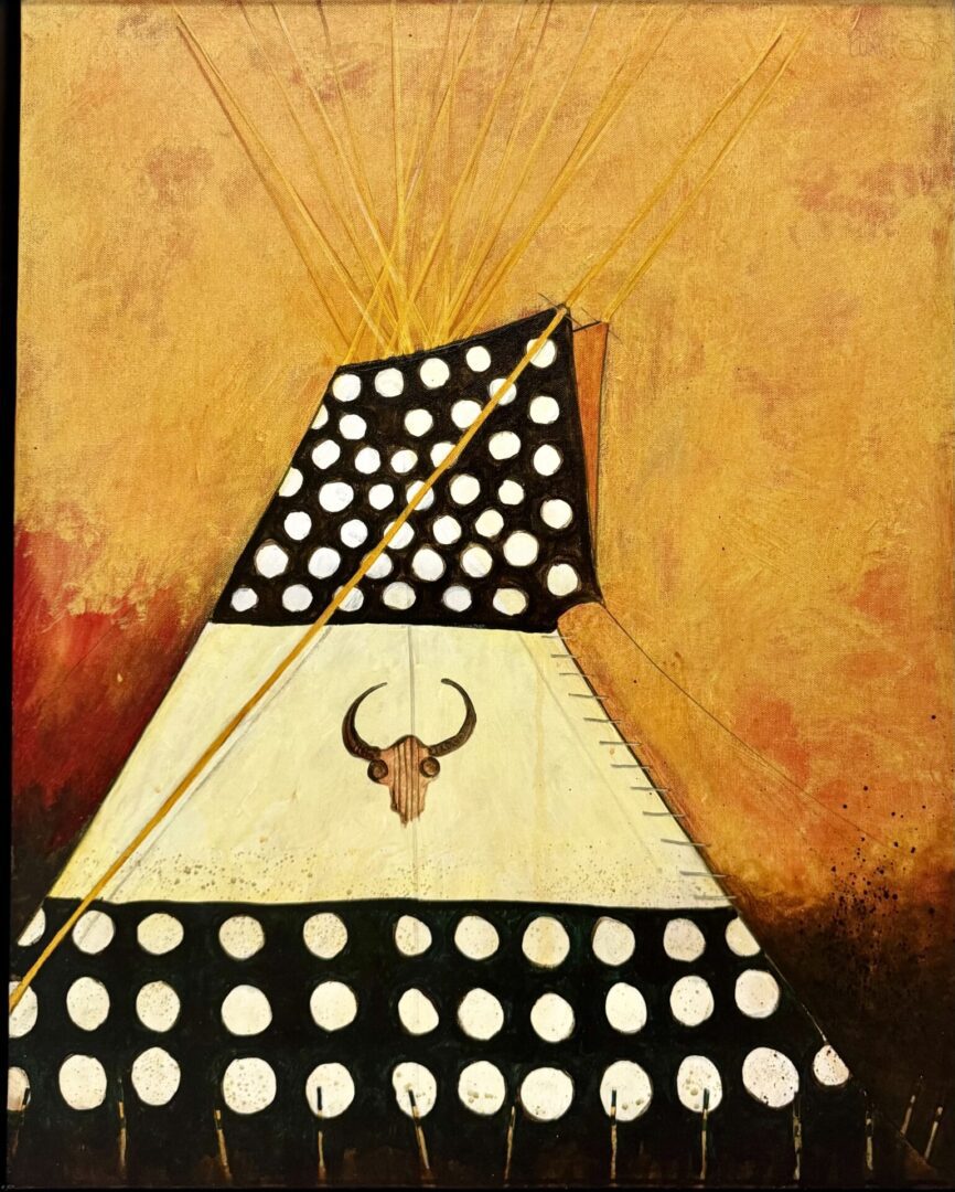Abstract painting of a polka-dotted tipi with a buffalo skull design.