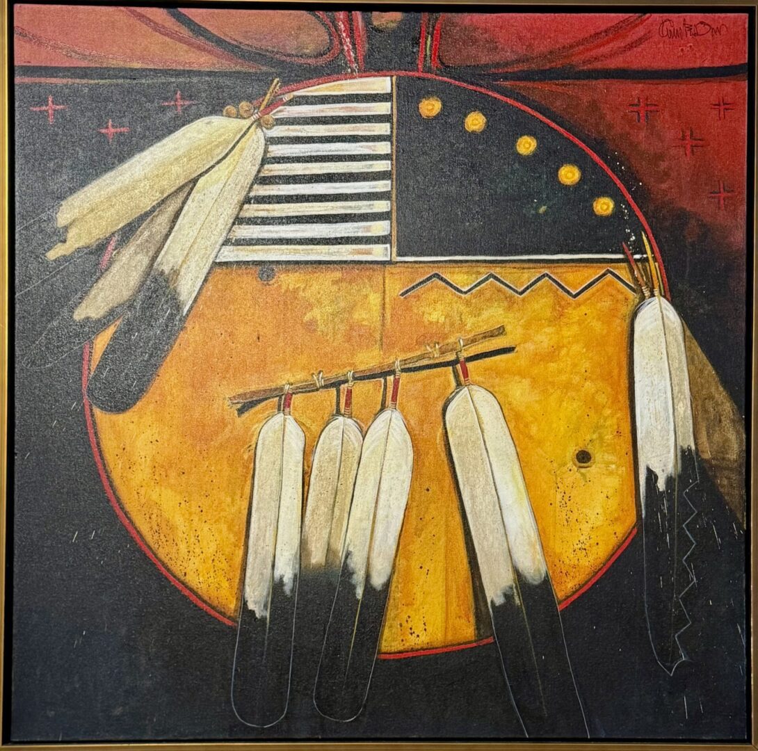 Abstract artwork featuring feathers and geometric patterns in warm tones.