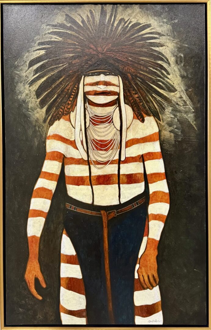 Painting of a figure with tribal stripes and a feathered headdress.