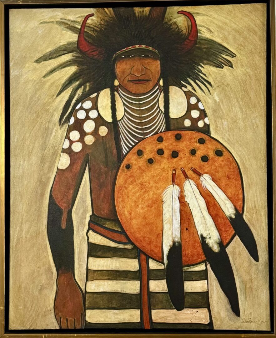 Painting of a Native American warrior with traditional attire and shield.
