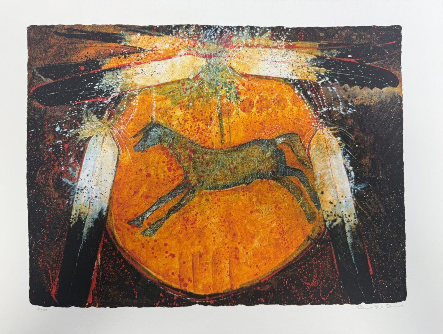 Abstract artwork of a horse leaping against an orange and black background with white streaks.