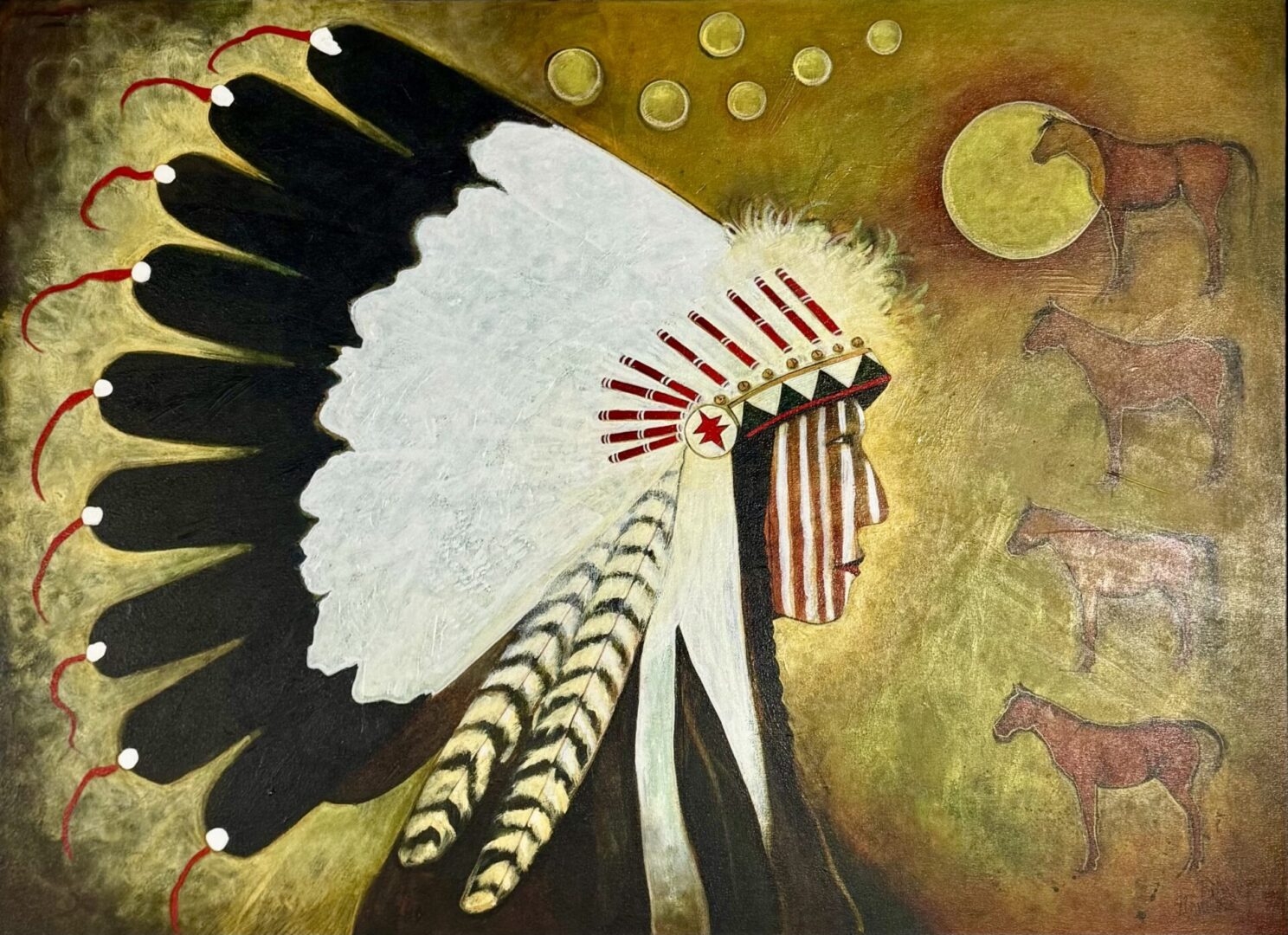 Native American chief with feathered headdress and horses under a glowing moon.