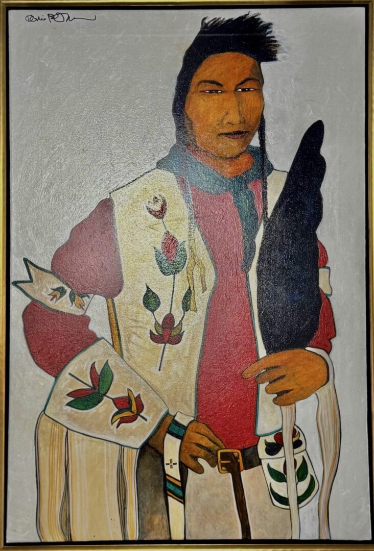 Painting of a Native American man in traditional attire holding a feather.