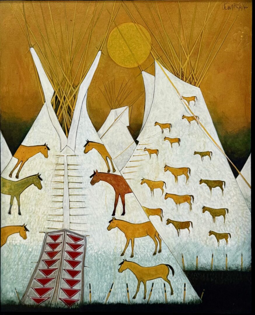 Painting of white teepees with horses and a golden sun in a stylized setting.