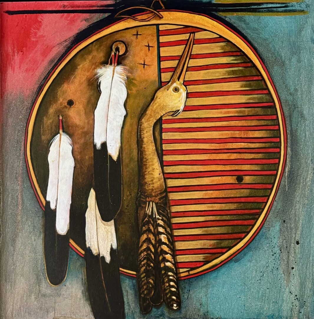 Native American inspired artwork with feathers and a bird against a circular patterned background.