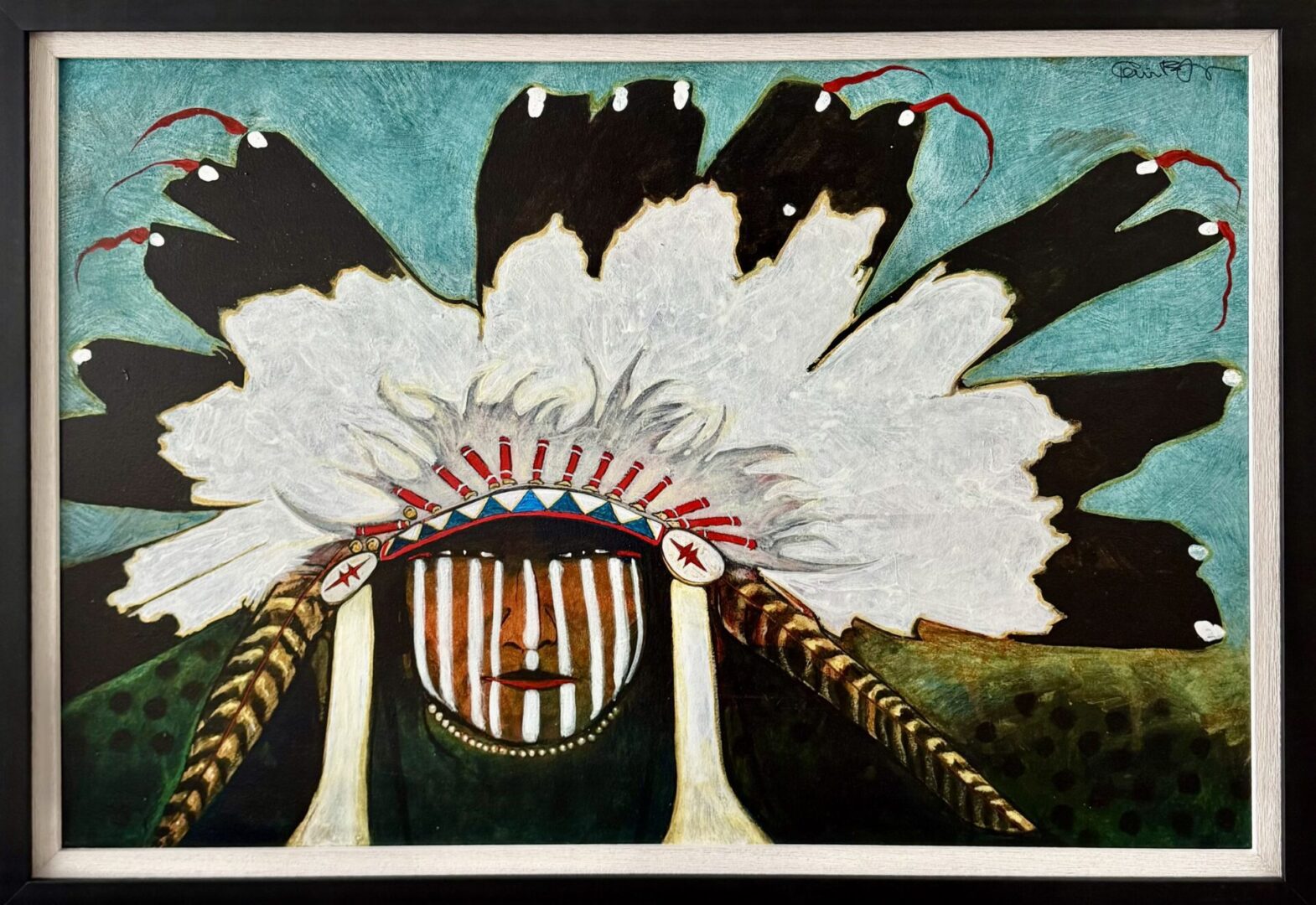 Abstract portrait of a face with striped paint and a large feathered headdress.