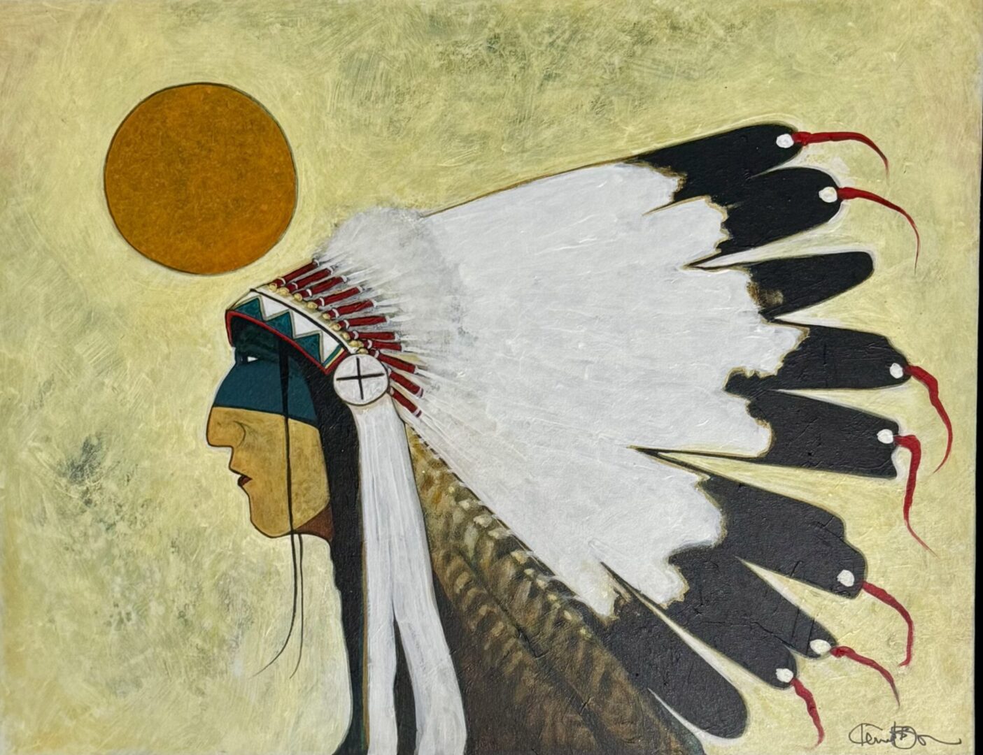 Profile of a Native American chief with a detailed feather headdress against a muted background.