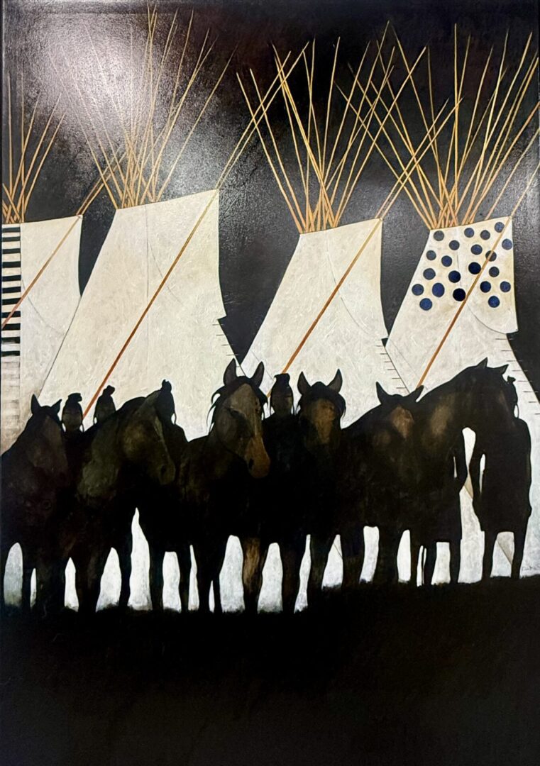 Silhouettes of horses and riders in front of teepees at night.