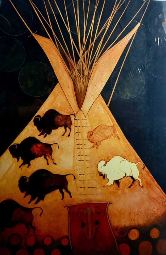 A teepee decorated with bison paintings and symbols.