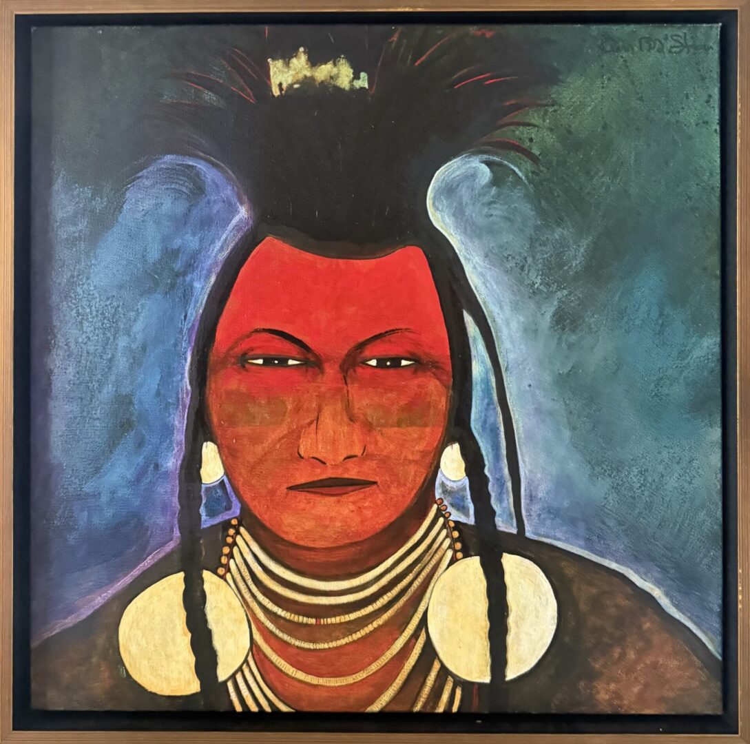 Painting of a Native American man with red face paint and traditional jewelry.
