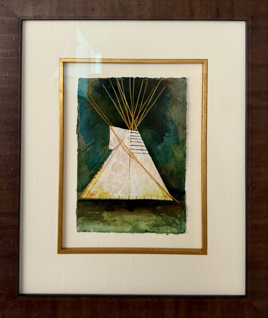 Framed watercolor painting of a Native American tipi with green background.