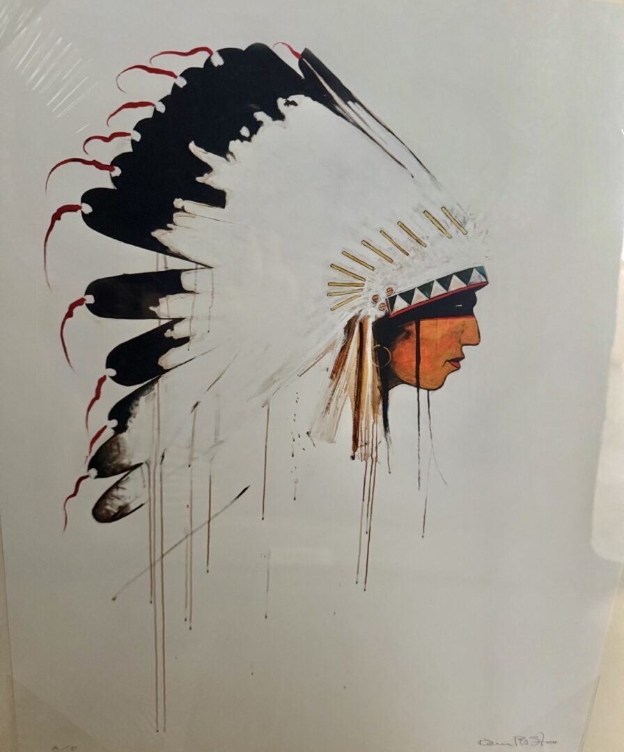 Side profile of a Native American chief with a feathered headdress in a watercolor style.
