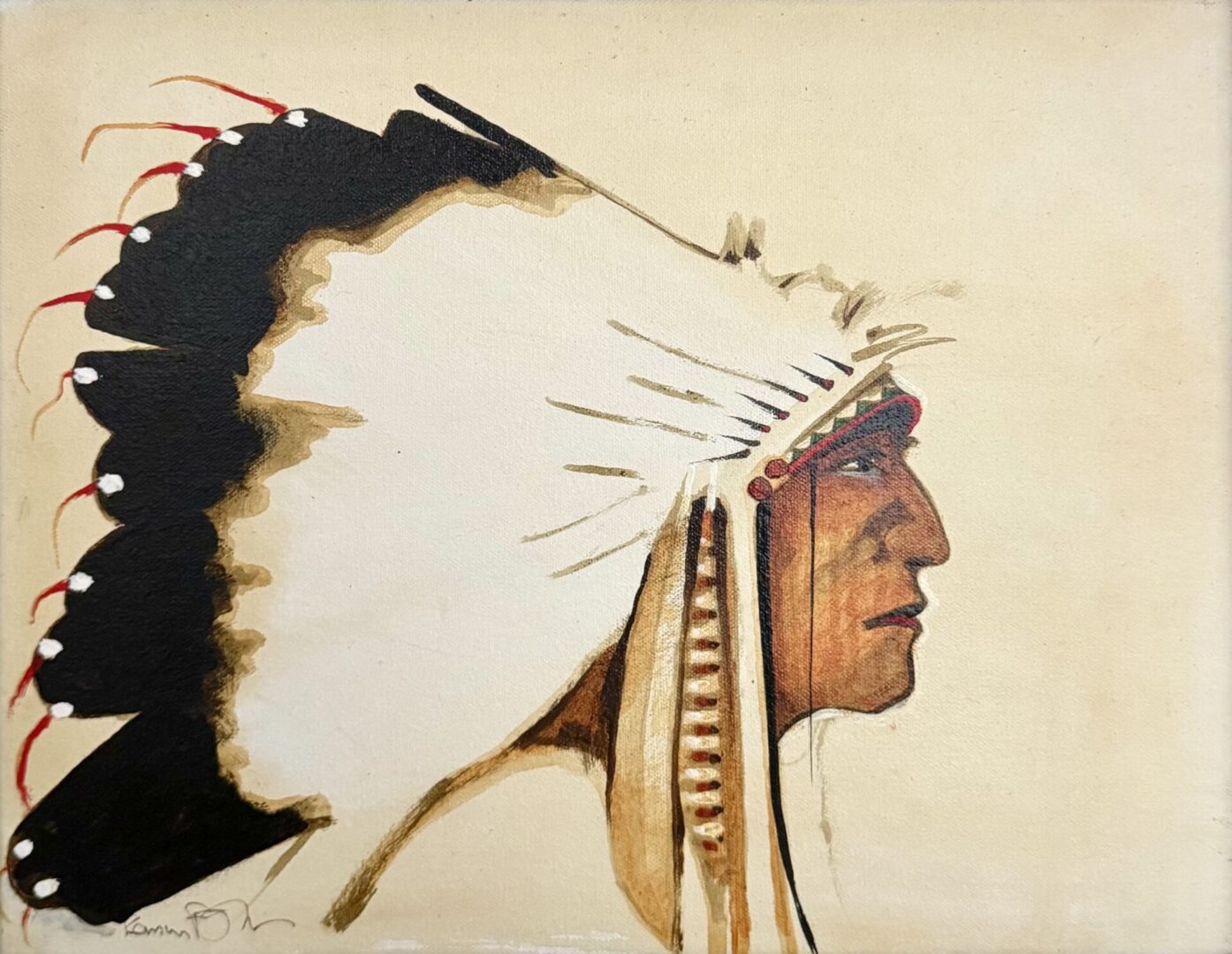 Profile painting of a Native American chief wearing a feathered headdress.