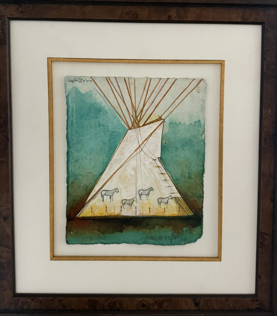 Framed artwork of a tipi with horse illustrations against a green-blue background.