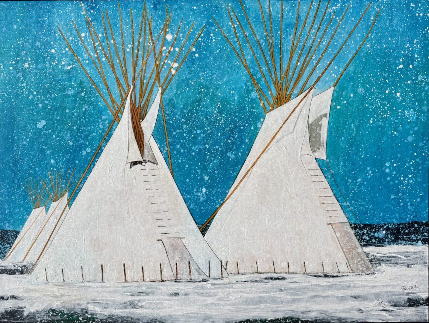 Snow-covered teepees under a starry night sky.