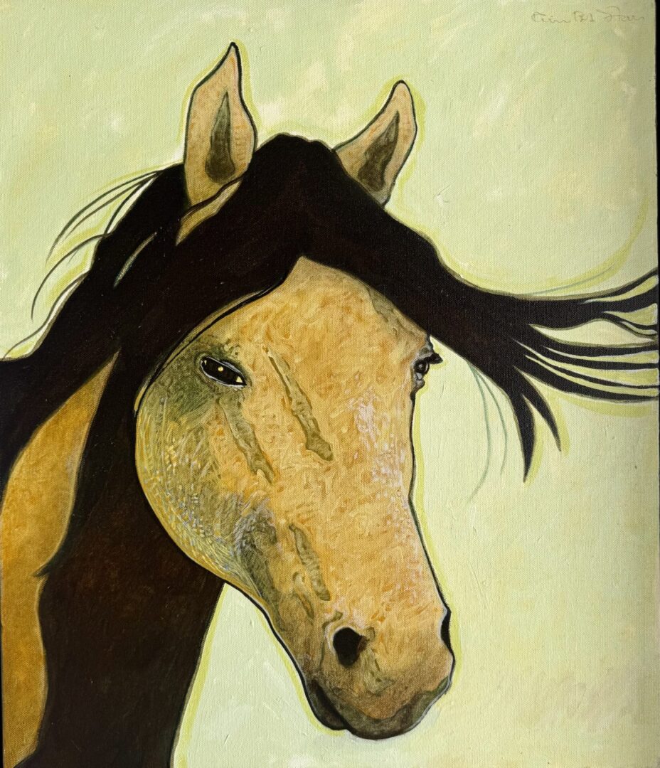 Stylized portrait of a horse with flowing black mane against a light background.