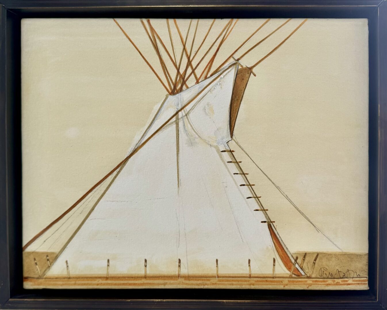 Minimalist painting of a Native American tipi with earthy tones.