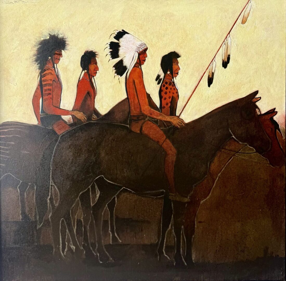 Native American warriors on horseback with traditional attire and feathered headdress.