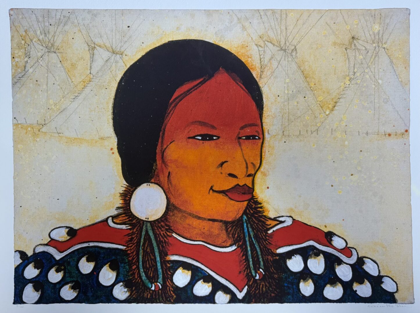 Portrait of a Native American woman with traditional attire and teepees in the background.