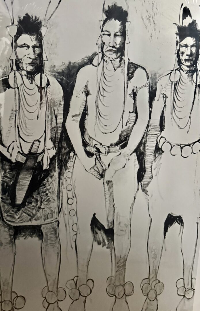 Black and white sketch of three tribal men adorned with necklaces and traditional attire.