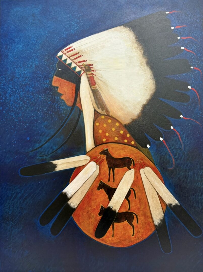 Painting of a Native American figure with a feathered headdress and horse symbols.