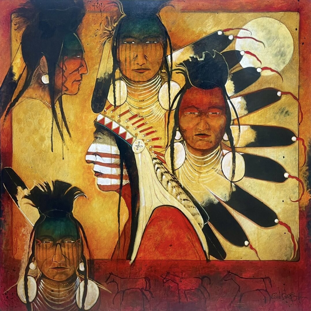 Native American inspired artwork featuring multiple faces with traditional attire and feathers.