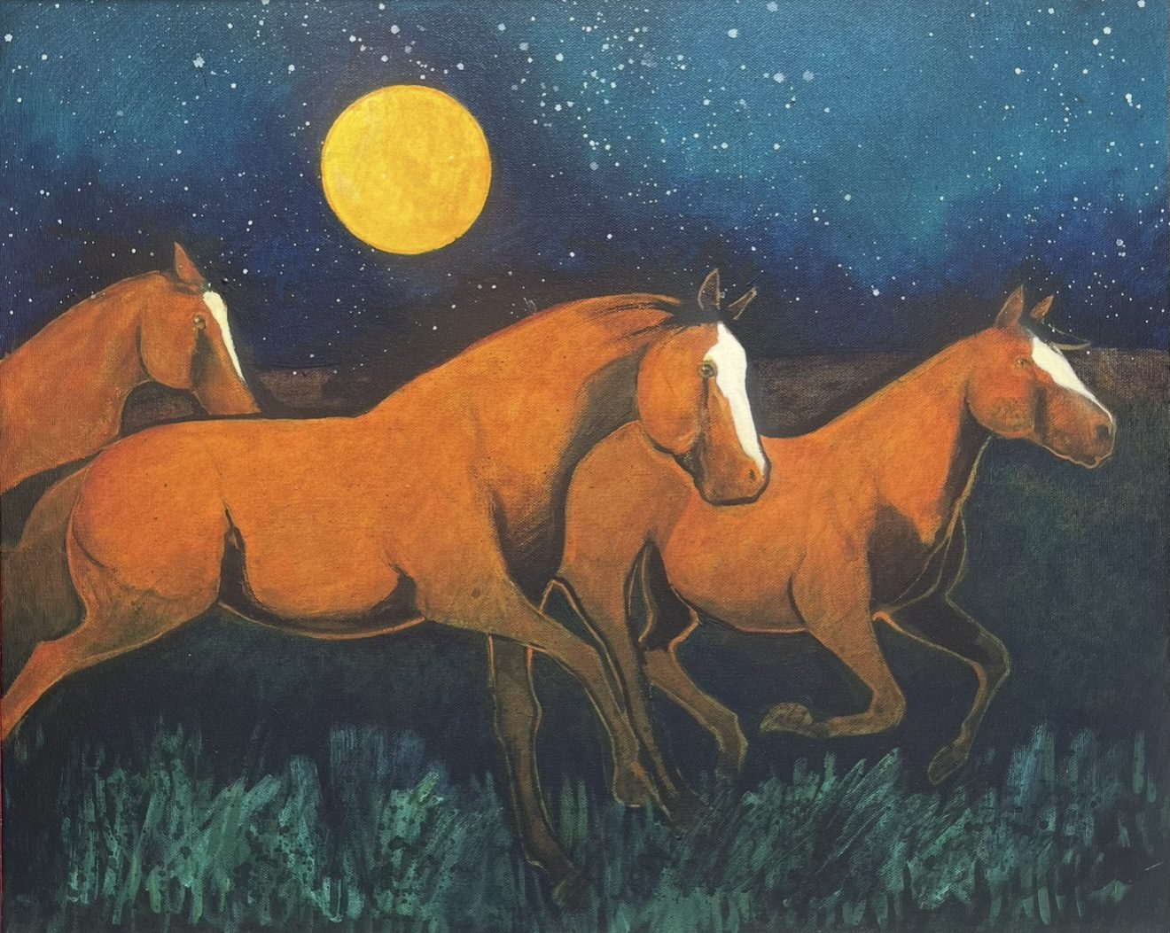 Three horses running under a full moon and starry night sky.