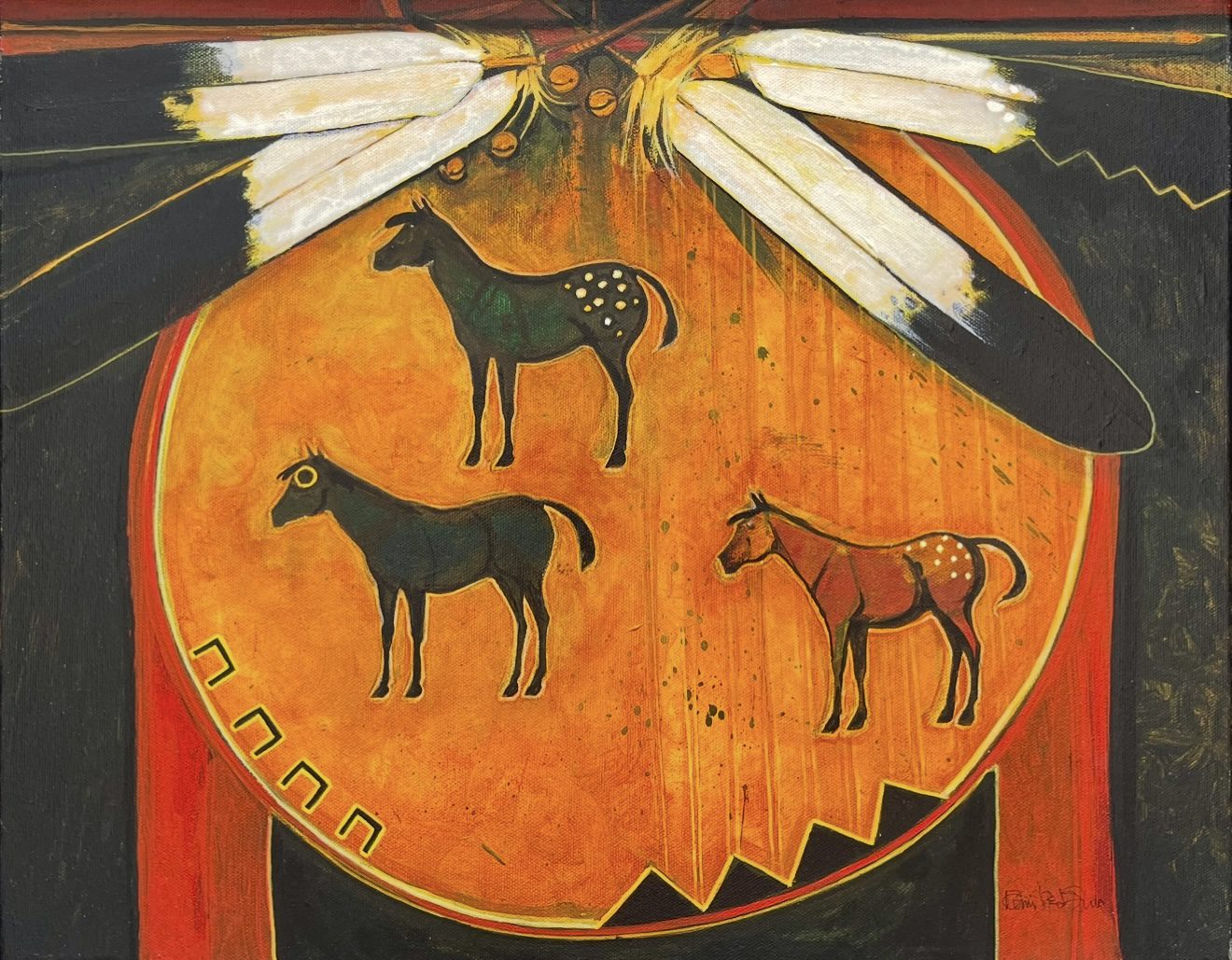 A painting of three stylized horses inside a circular orange frame with white feathers above.