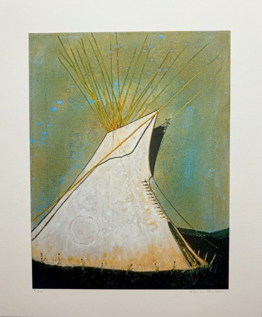 Artistic depiction of a teepee with poles extending upwards under a starry sky.